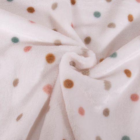 Tissu Doudou imprimé Pois beige, marron et vert sur fond Blanc