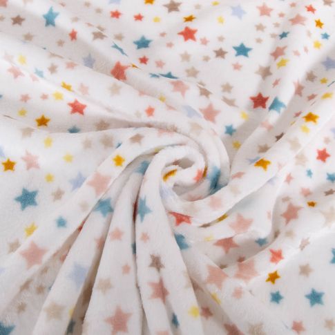 Tissu Doudou imprimé Etoiles multicolores sur fond Blanc