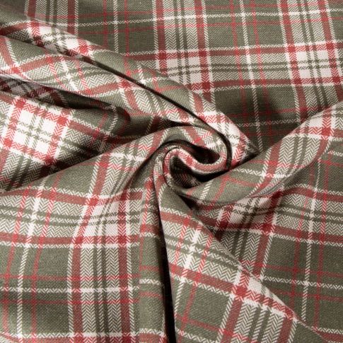 Tissu Toile de Coton aspect Lin Carreaux tartan sur fond Vert kaki