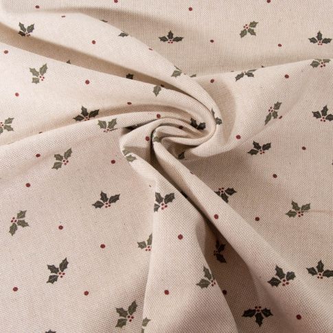 Tissu Toile de Coton aspect Lin Houx de Noël sur fond Naturel