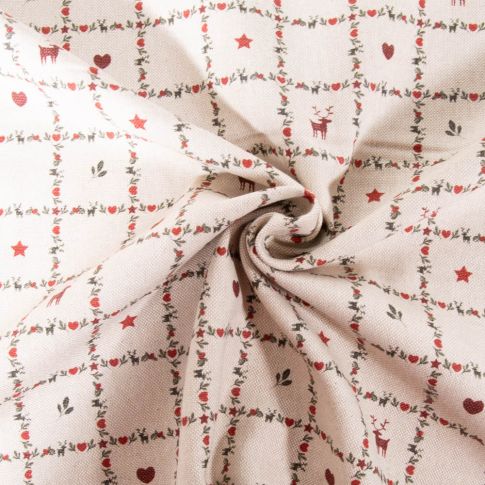 Tissu Toile de Coton aspect Lin Carreaux de Noël sur fond Naturel