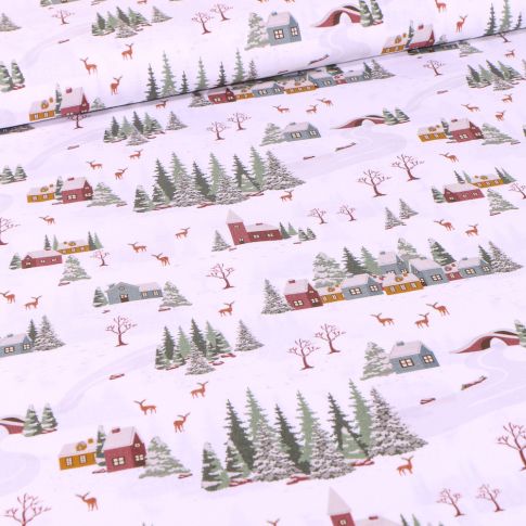 Tissu Coton imprimé Bio Villages enneigés sur fond Blanc