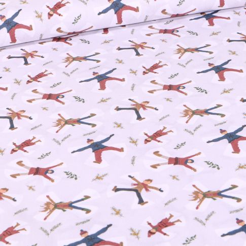 Tissu Coton imprimé Bio Amusements dans la neige sur fond Blanc