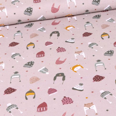 Tissu Coton imprimé Bio Divers bonnets sur fond Beige