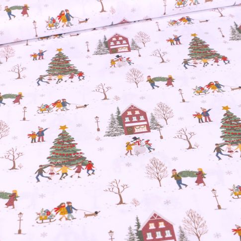 Tissu Coton imprimé Bio Villages esprits de noël sur fond Blanc