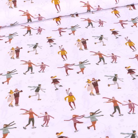 Tissu Coton imprimé Bio Patinages sur fond Blanc