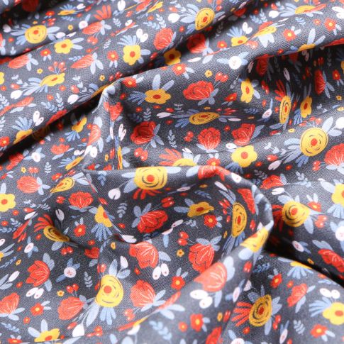 Tissu Coton imprimé MC Fabrics Rosye sur fond Bleu nuit