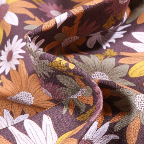 Tissu Coton imprimé Bio Tournesols sur fond Bordeaux
