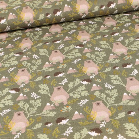 Tissu Coton imprimé MC Fabrics Ours et hérissons sur fond Vert kaki
