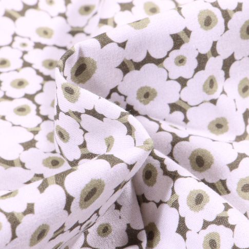 Tissu Coton imprimé Bio Fleurs blanches sur fond Vert kaki