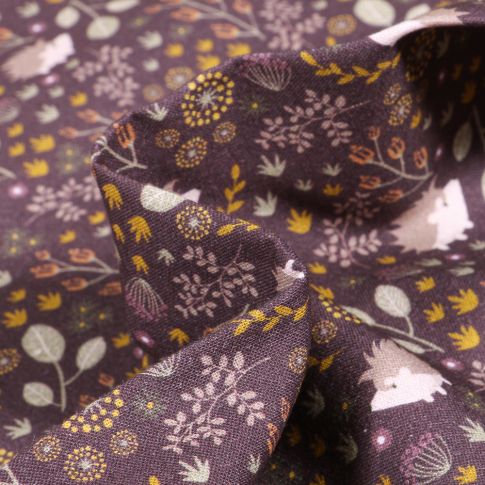Tissu Coton imprimé Bio Hérissons et feuillages sur fond Prune foncé