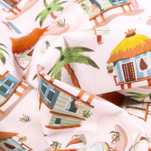 Tissu Coton imprimé Maisons sur pilotis sur fond Ecru