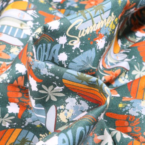 Tissu Coton imprimé Aloha sur fond Bleu pétrole
