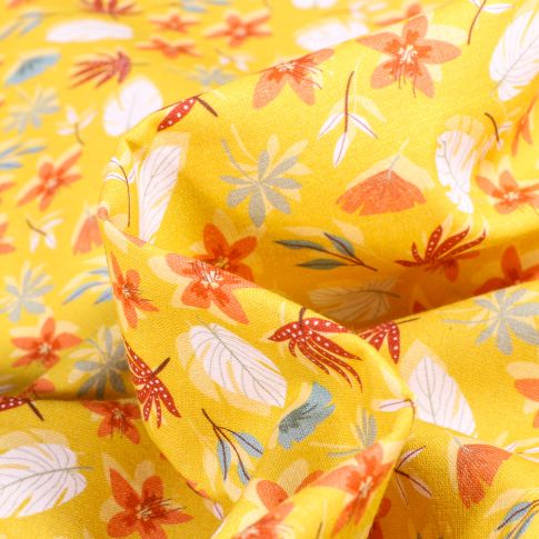 Tissu Coton imprimé Tropical sur fond Jaune