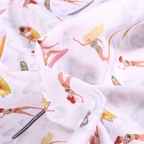 Tissu Coton imprimé Surfer sur fond Blanc