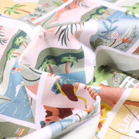 Tissu Coton imprimé Carte postal Hawaï sur fond Blanc