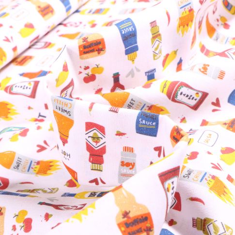 Tissu Coton imprimé Bio Sauces Barbecues sur fond Blanc