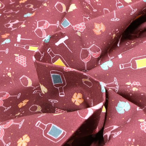 Tissu Coton imprimé Bio Wine sur fond Lie de vin