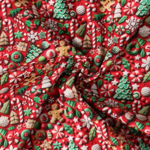 Tissu Popeline de Coton  Gourmandise de Noël sur fond Rouge