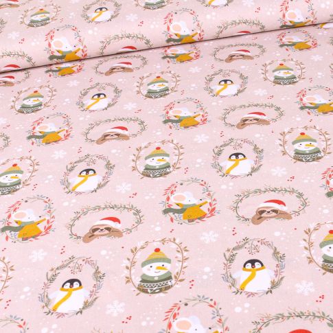 Tissu Coton imprimé Bio Animaux de noël sur fond Beige