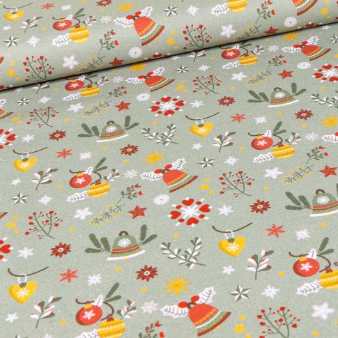 Tissu Coton imprimé Bio Cloches et buis de noël sur fond Vert amande