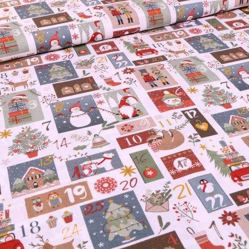 Tissu Coton imprimé Bio Calendriers de noël sur fond Blanc