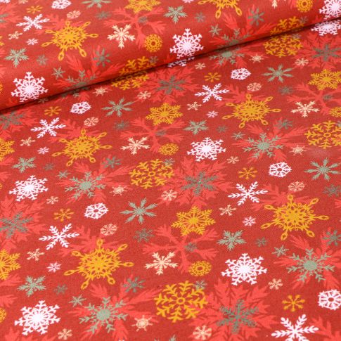 Tissu Coton imprimé Bio Flocons colorés sur fond Rouge