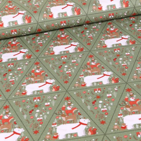 Tissu Coton imprimé Bio Pyramides d'animaux sur fond Vert kaki