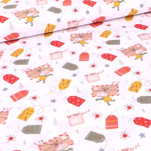 Tissu Coton imprimé Bio Enveloppes de noël sur fond Blanc