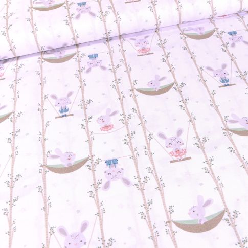 Tissu Coton imprimé Bio Lapins balancelle sur fond Blanc