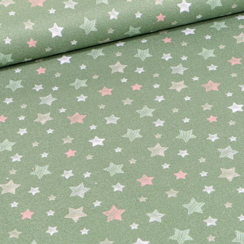 Tissu Coton imprimé Bio Etoiles pastels sur fond Vert amande