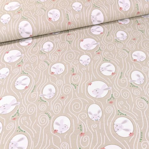 Tissu Coton imprimé Bio Bunny sur fond Beige
