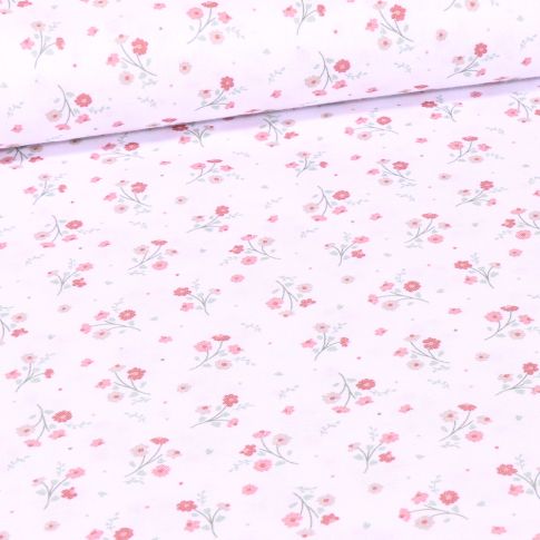 Tissu Coton imprimé Bio Bouquets de fleurs sur fond Blanc