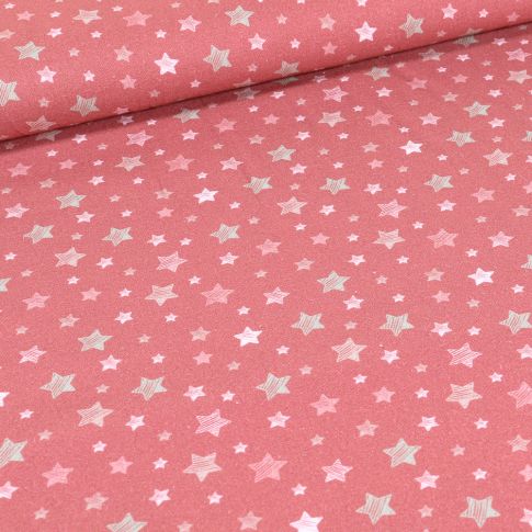 Tissu Coton imprimé Bio Etoiles pastels sur fond Vieux rose