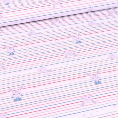 Tissu Coton imprimé Bio Rayures multicolores et lapins sur fond Blanc