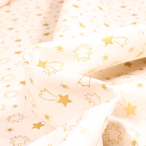 Tissu Coton imprimé Bio Etoiles filantes dorées sur fond Blanc cassé
