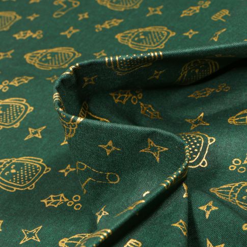 Tissu Coton imprimé Bio Pingouins dorés sur fond Vert foncé