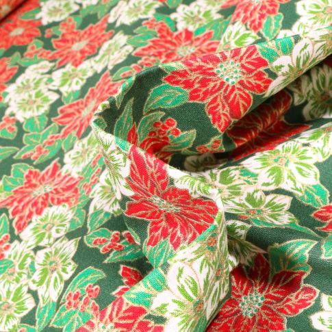 Tissu Coton imprimé Bio Poinsettia fleurs de noël sur fond Vert