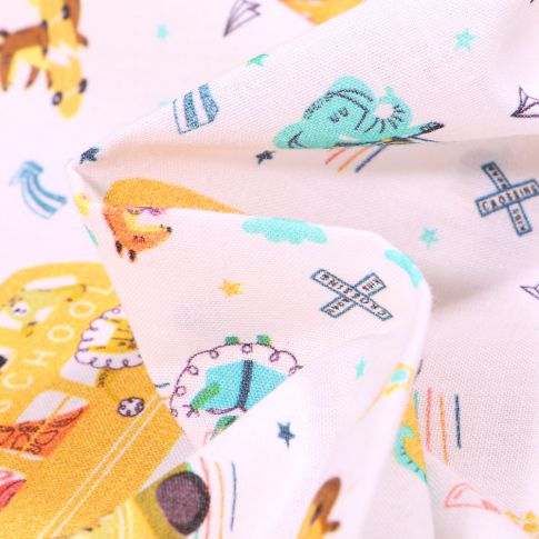 Tissu Coton MC Fabrics Bus d'école animaux sur fond Blanc