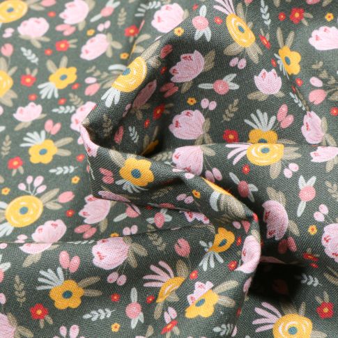 Tissu Coton MC Fabrics Boutons de rose sur fond Vert kaki foncé