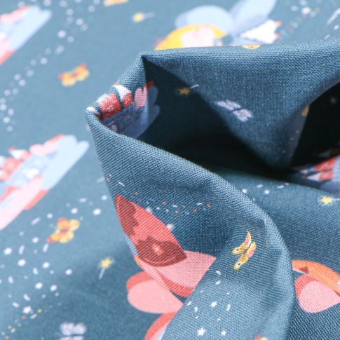 Tissu Coton MC Fabrics Fées et châteaux sur fond Bleu foncé