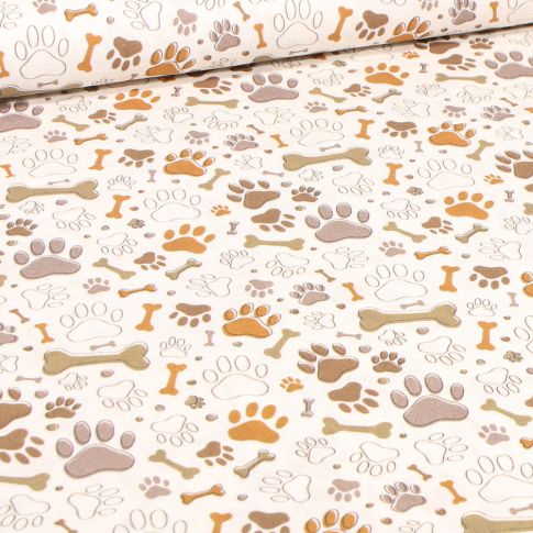 Tissu Coton imprimé Bio Os doggy sur fond Blanc cassé