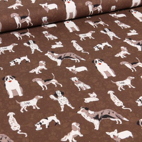 Tissu Coton imprimé Bio Chiens de race sur fond Marron