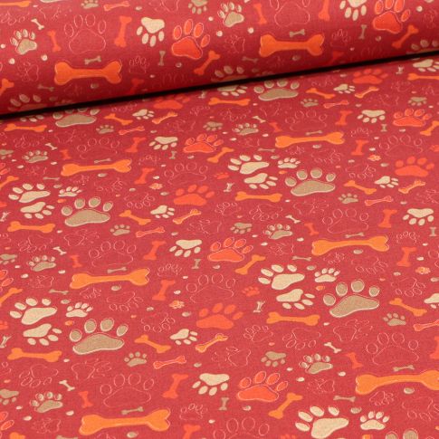Tissu Coton imprimé Bio Os doggy sur fond Rouge