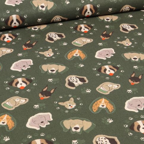 Tissu Coton imprimé Bio Têtes de chiens sur fond Vert foncé