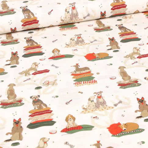Tissu Coton imprimé Bio Sieste Doggy sur fond Ecru