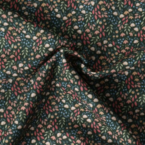 Tissu Popeline de Coton  Mélusine motif floral multicolore sur fond Vert