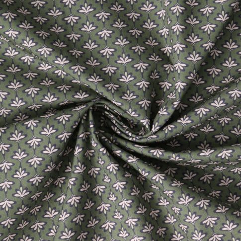 Tissu Popeline de Coton  Cléa fleurs vintages sur fond Vert olive