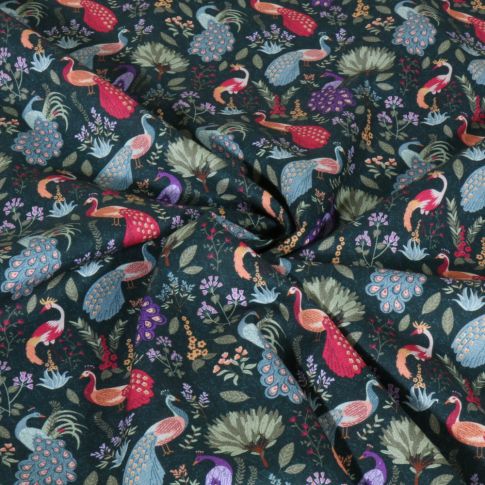 Tissu Popeline de Coton imprimé Motif indien Goa sur fond Vert foncé