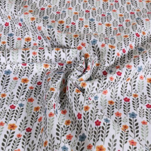 Tissu Popeline de Coton imprimé Floral indien Goa sur fond Blanc